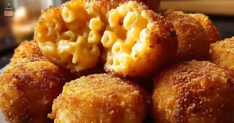 Fried mac and cheese bites served on a plate with dipping sauce.