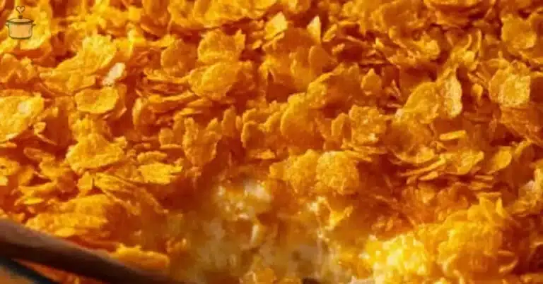 Delicious funeral potatoes casserole with cheese and crispy topping