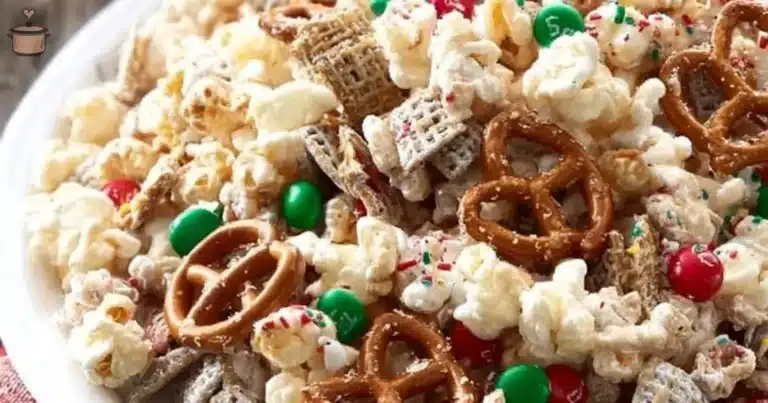 Gluten-free reindeer chow snack in a festive bowl
