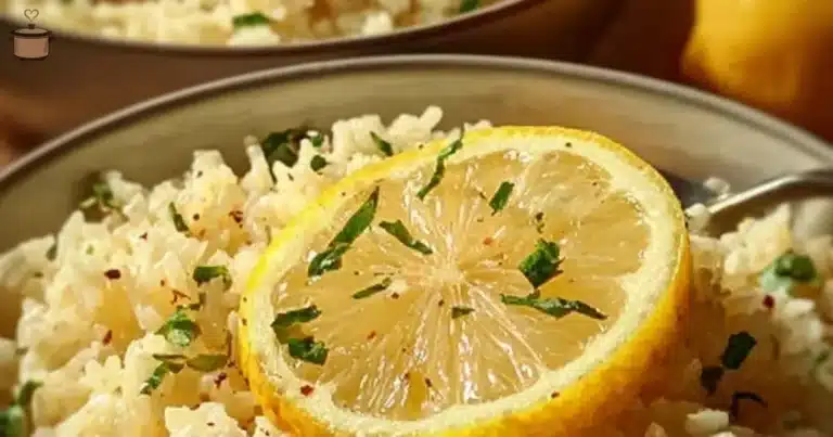 Bowl of Greek Lemon Rice garnished with lemon and herbs