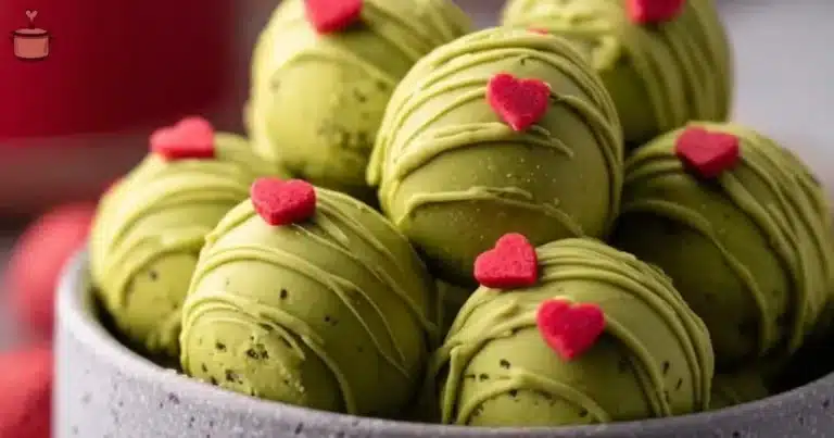 Grinch Oreo Balls made with red velvet Oreos for festive holiday treat