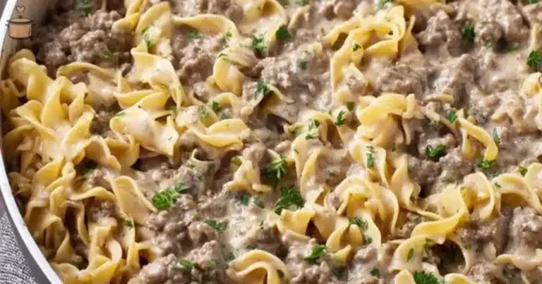 Delicious Ground Beef Stroganoff served with pasta and fresh parsley