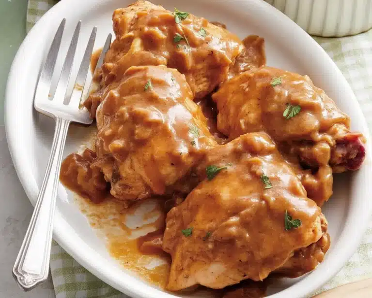 Delicious apple balsamic chicken prepared in a crock pot with root vegetables.