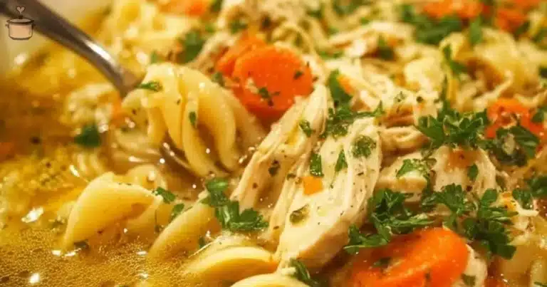 Bowl of homestyle chicken noodle soup with fresh vegetables and herbs