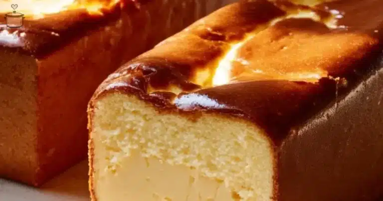 Slice of burnt basque cheesecake made in a loaf pan, deliciously creamy and indulgent