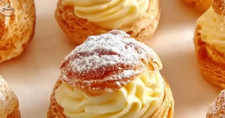 Italian cream puffs with creamy custard filling topped with powdered sugar