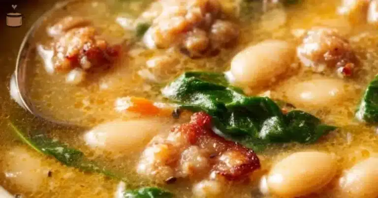 Bowl of Italian sausage white bean soup garnished with herbs