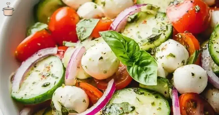 Juicy Cucumber Caprese Salad featuring cucumber, tomatoes, and mozzarella