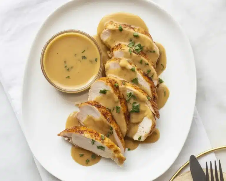 Juicy slow cooker turkey breast ready to serve for a holiday dinner.