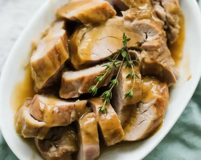 Delicious slow cooker maple pork loin served with a savory sauce and garnished.