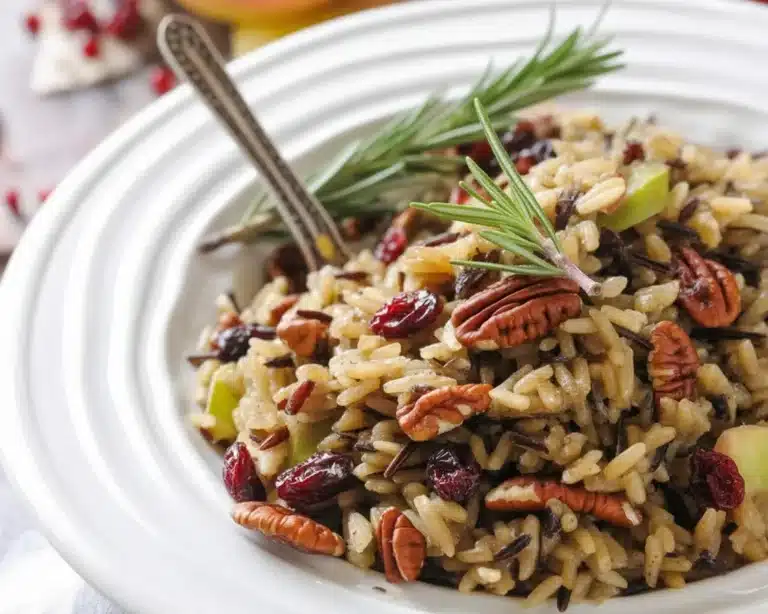 Maple pecan wild rice pilaf dish with cranberries and herbs, served at a festive table.