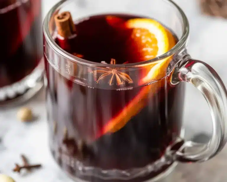 A cozy cup of crockpot mulled wine with spices and citrus fruits.