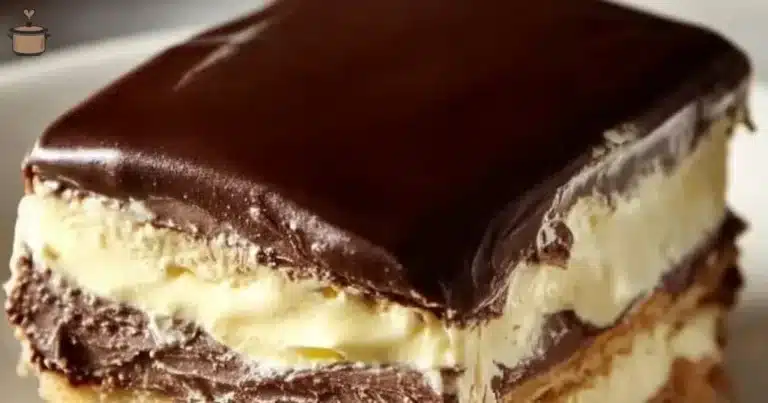 No-Bake Chocolate Eclair Cake topped with rich chocolate frosting