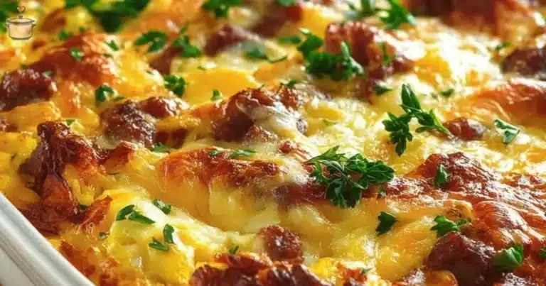Delicious overnight breakfast casserole topped with cheese and herbs