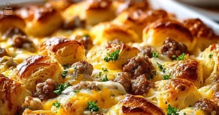 Delicious overnight croissant breakfast casserole with eggs and cheese