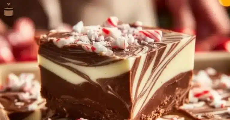 Homemade peppermint swirl fudge with festive swirls of red and white.