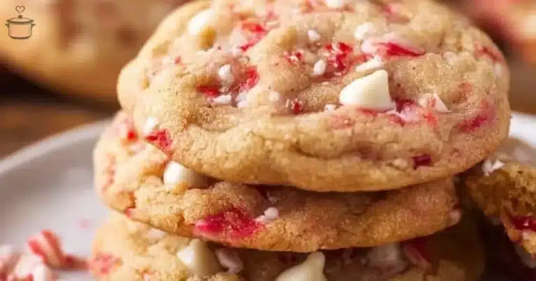 Peppermint white chocolate chip cookies on a festive platter