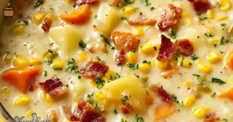 A bowl of creamy Potato Corn Chowder topped with fresh herbs.