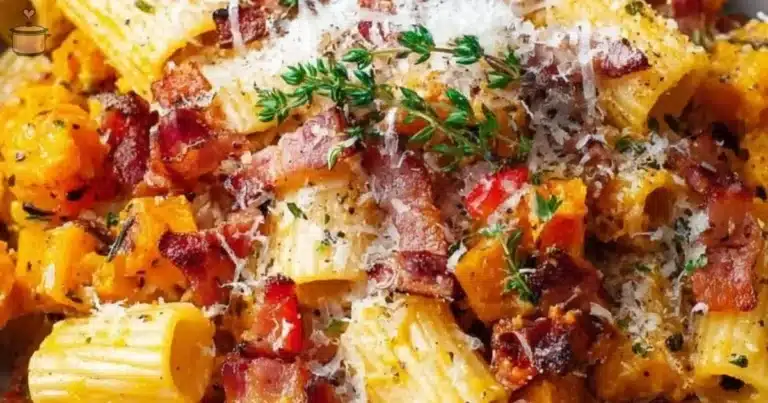 Delicious pumpkin pasta with bacon and caramelized onions served in a bowl.