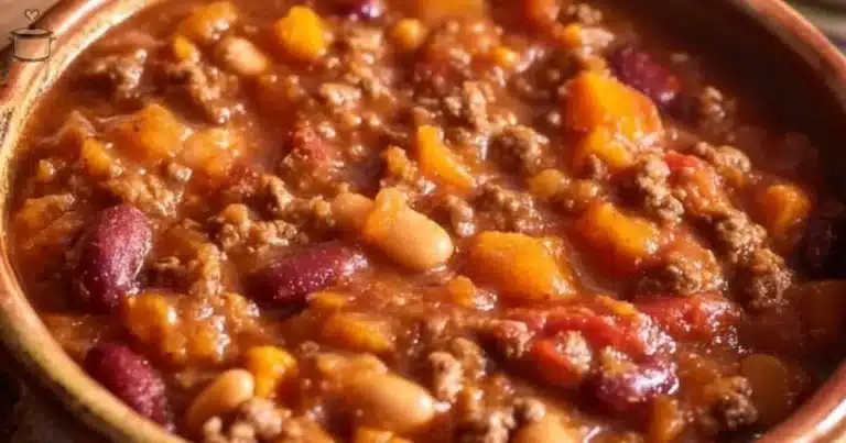 Bowl of hearty pumpkin chili topped with fresh herbs and spices