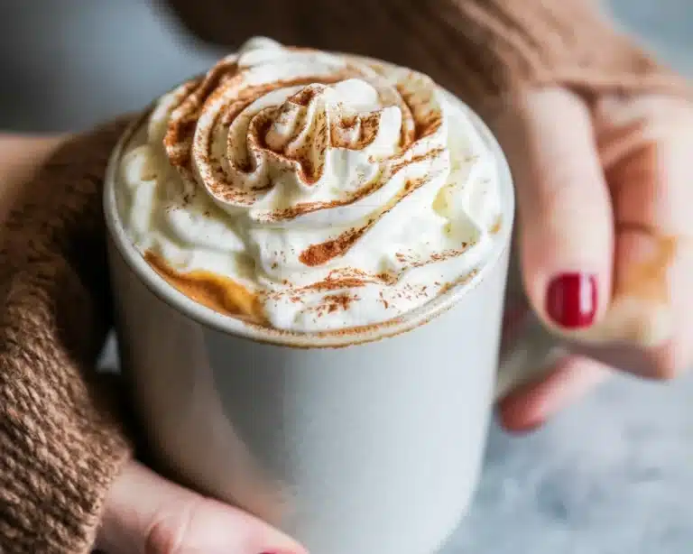 Delicious Pumpkin White Hot Chocolate with whipped cream and cinnamon on top