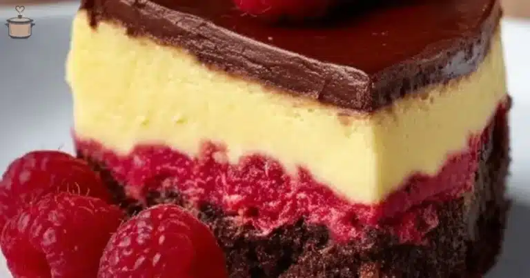 Delicious Raspberry Brownie Cheesecake topped with fresh raspberries and chocolate drizzle.