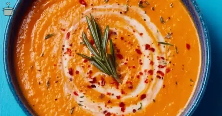 A bowl of smooth and creamy roasted vegetable soup topped with herbs.