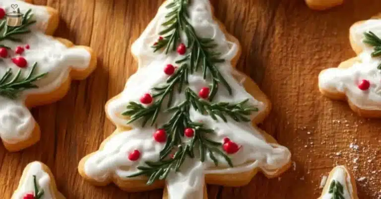 Festive Rosemary Shortbread Christmas Tree Cookies decorated for the holidays