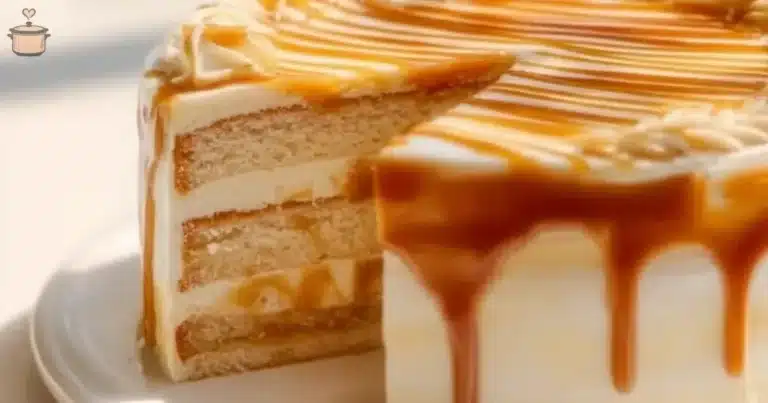 Delicious homemade salted caramel cake topped with caramel drizzle