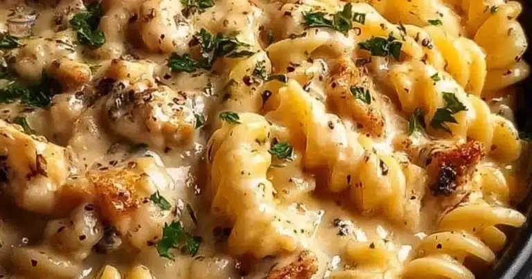 Plate of savory chicken pasta with garlic and Parmesan cheese