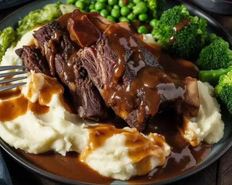 Melt-in-your-mouth beef short ribs cooked in a rich, savory gravy in a crock pot.