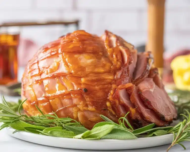 Delicious crock pot Christmas ham with brown sugar glaze and pineapple.