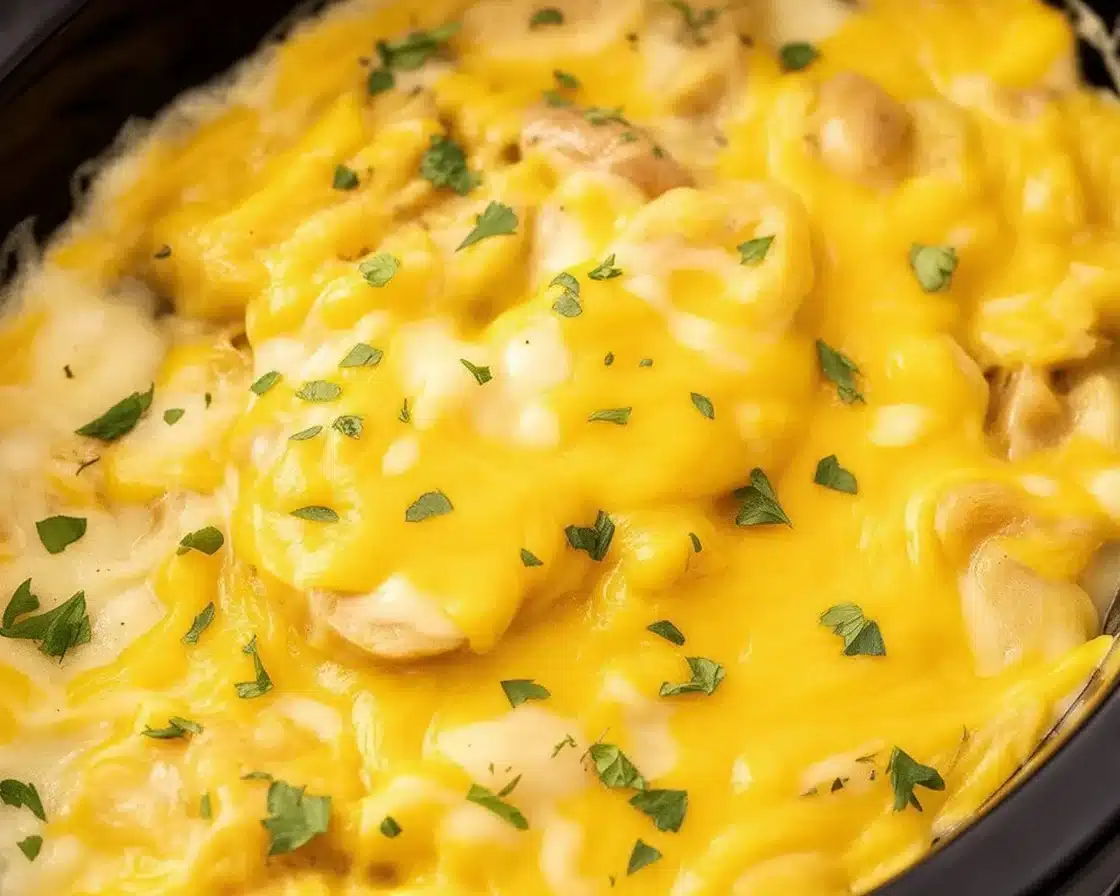 Delicious slow cooker cheesy scalloped potatoes with creamy sauce and layers of cheese.