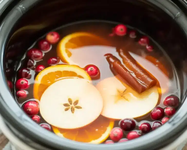 Spiced cranberry cider simmering in a crock pot with spices and fresh fruit.