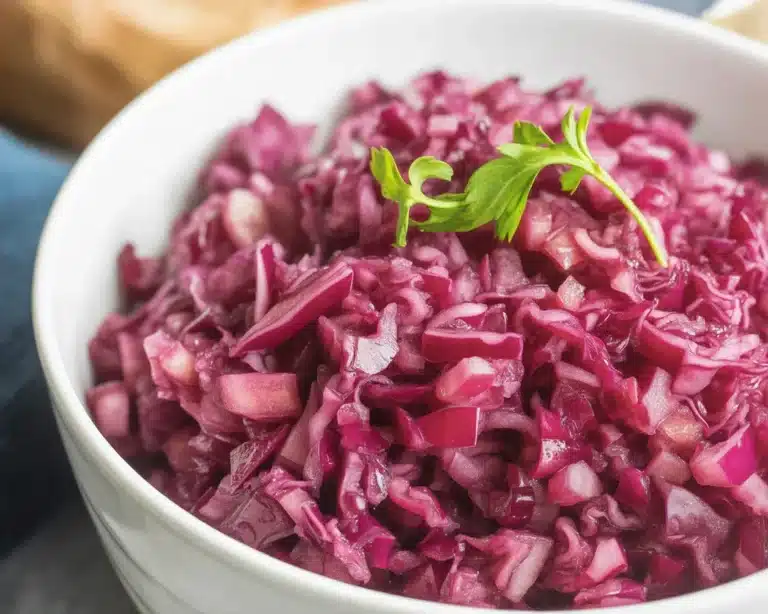 Slow cooker red cabbage with apples, onions, and spices in a crock pot.