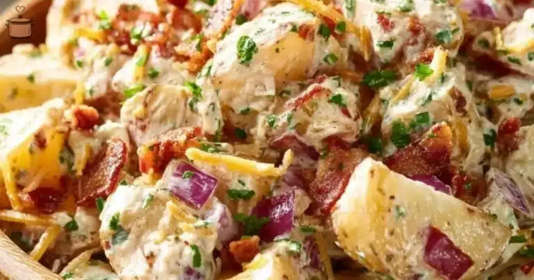 A bowl of creamy steakhouse potato salad garnished with herbs.