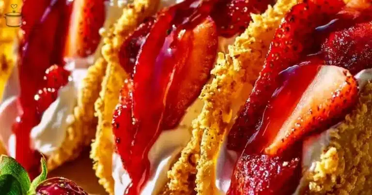 Delicious strawberry crunch cheesecake tacos on a plate