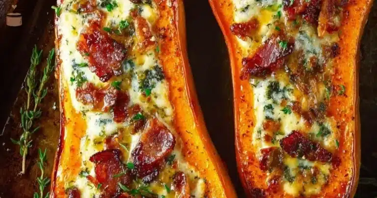 Stuffed butternut squash with spinach, bacon, and cheese on a wooden table.