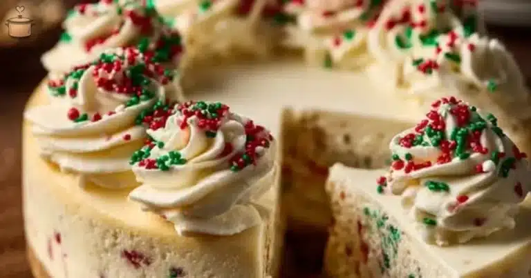 Delicious Sugar Cookie Cheesecake topped with colorful sprinkles and cookies