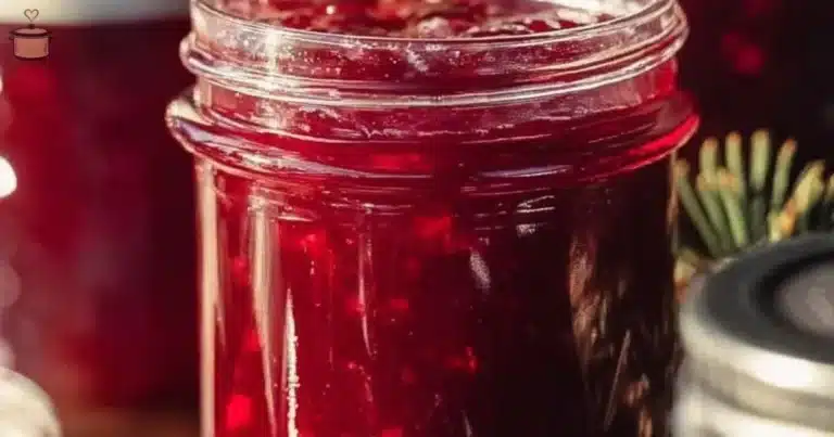 Jar of Sweet Christmas Cranberry Jam with festive decor