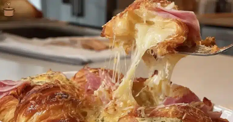 Delicious Ham & Cheese Croissant Bake with melted cheese and ham