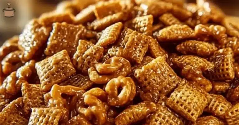 Delicious homemade Toffee Chex Mix in a bowl, perfect for snacking.