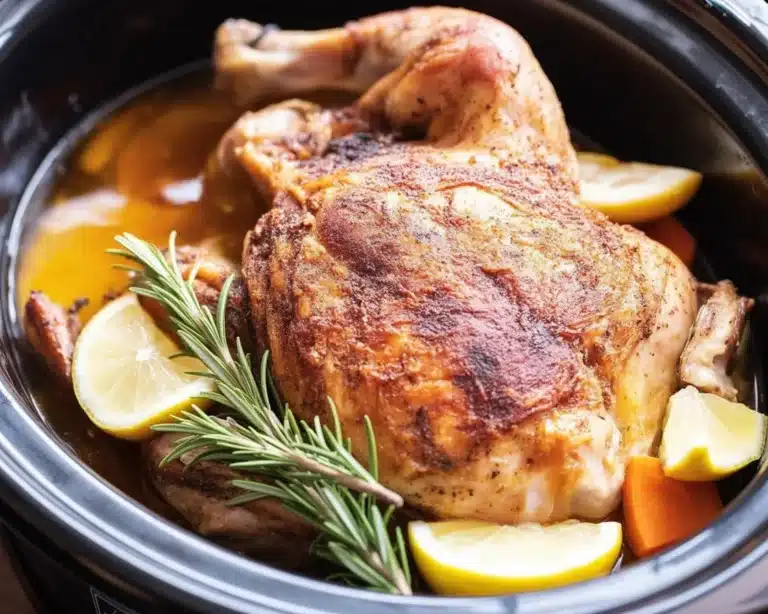 Juicy whole chicken slow cooker recipe served with vegetables and herbs.
