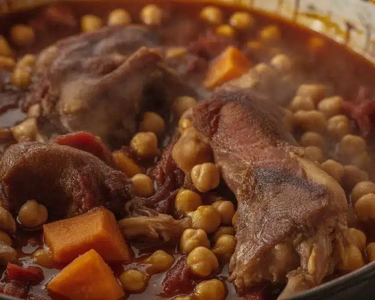 Slow cooker duck tagine with chickpeas, butternut squash, and Moroccan spices.