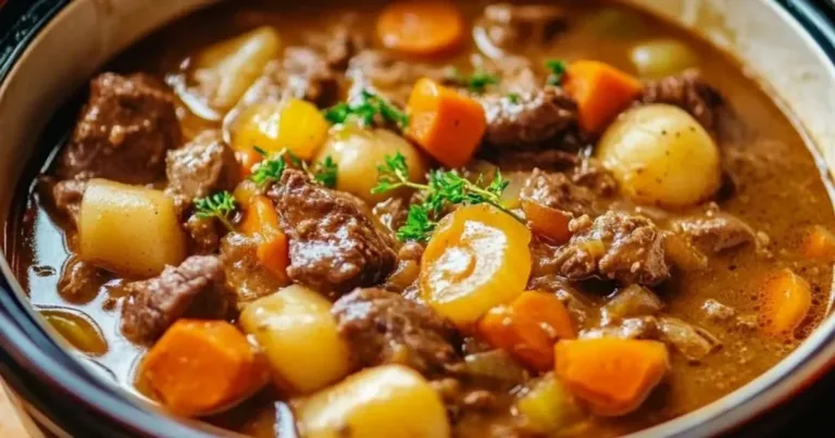 Delicious bowl of beef stew with vegetables and herbs