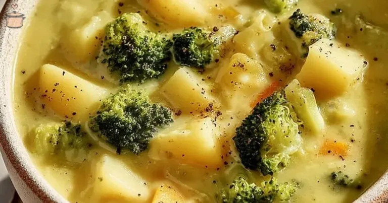 Delicious Broccoli Potato Cheese Soup in a bowl, garnished with herbs.