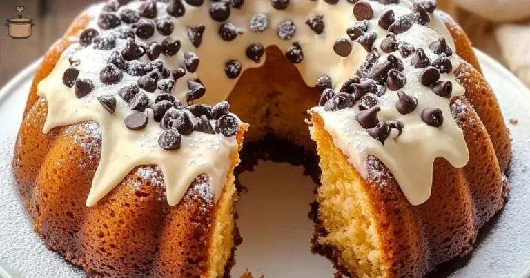Delicious Cannoli Bundt Cake topped with creamy filling and chocolate chips
