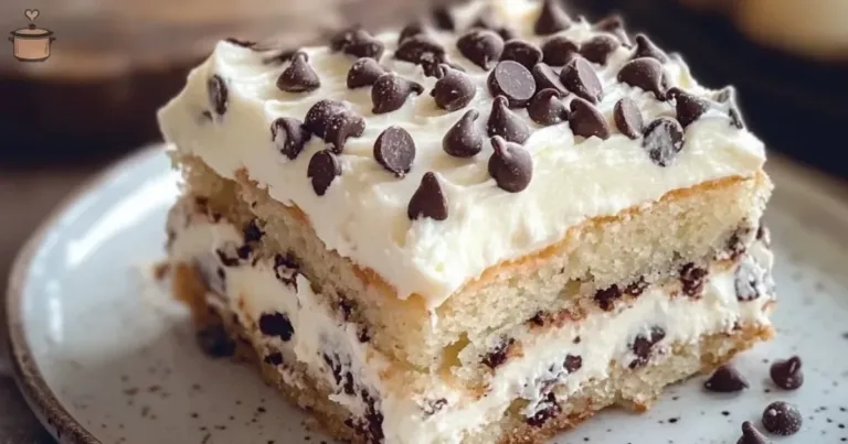 Delicious cannoli snack cake topped with chocolate chips and cream