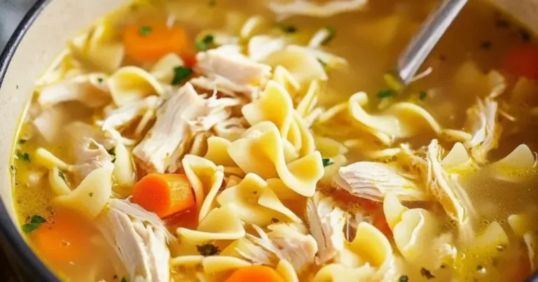 Bowl of homemade Chicken Noodle Soup with vegetables and herbs