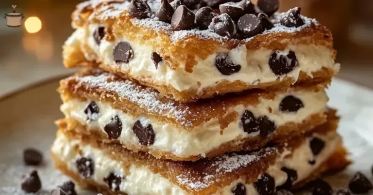 Delicious classic cannoli squares topped with chocolate and pistachios